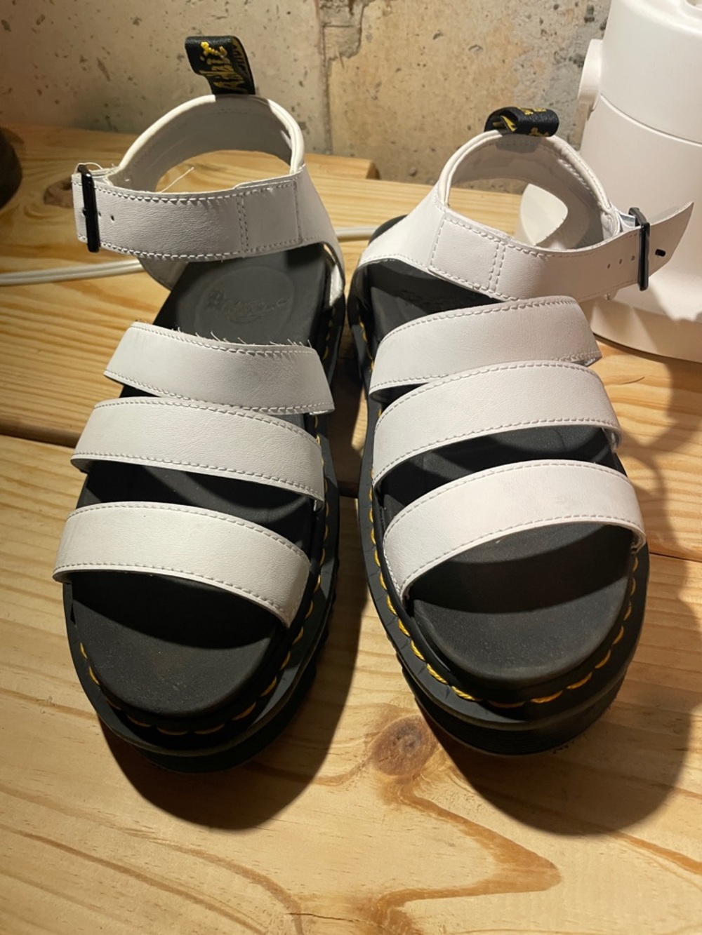 Dr. Martens White Strappy Platform Sandals with Yellow Stitching
